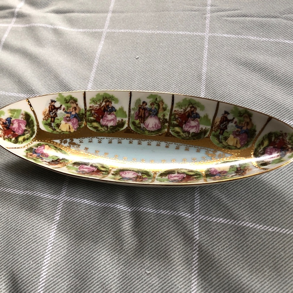 Gold-Trim Porcelain Serving Dish with Blue Interior and Pastoral Motif